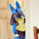 Lucario peeks around a corner.